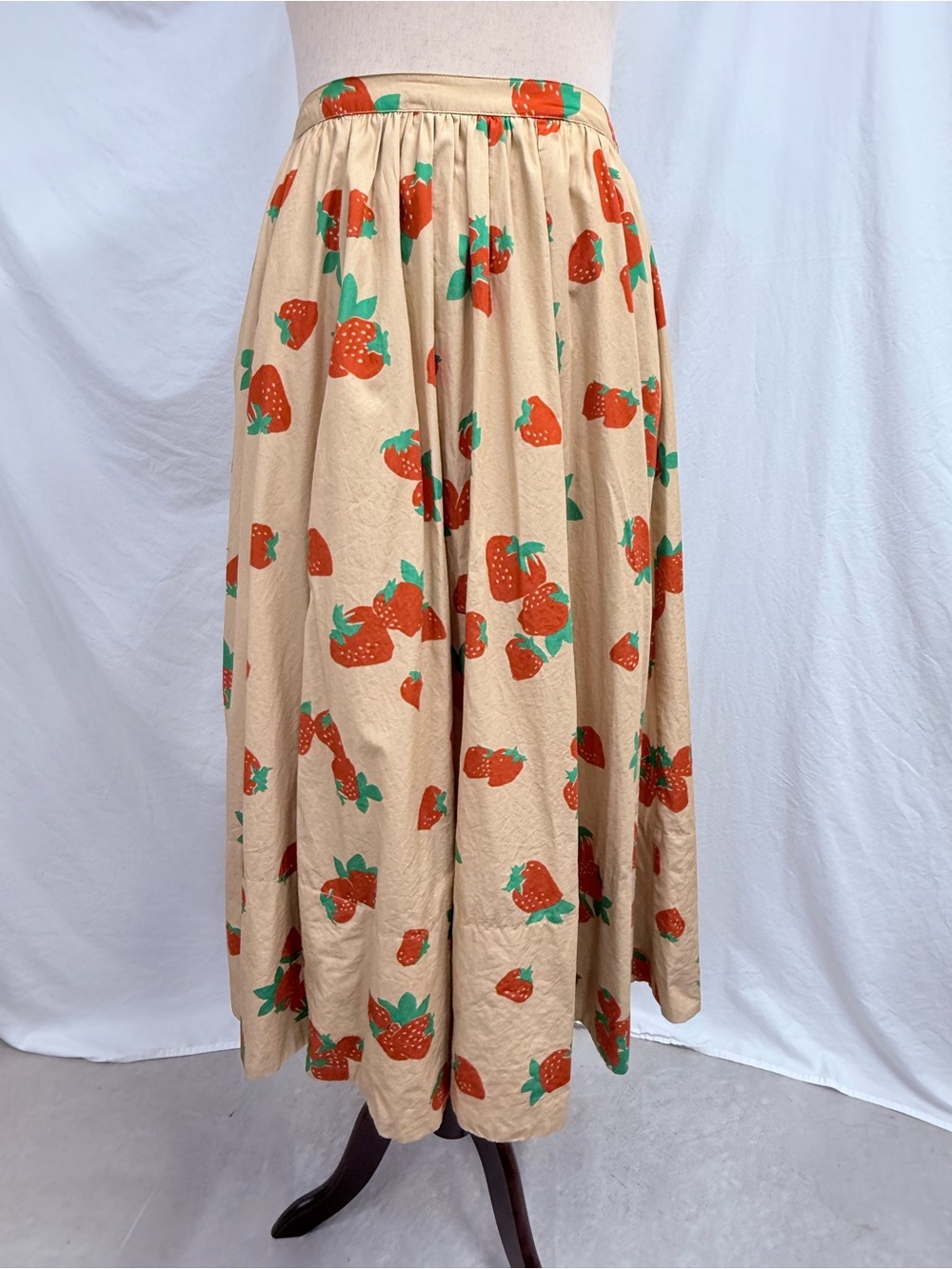Maeve Tan Maxi Skirt with Red Orange  Strawberry Print